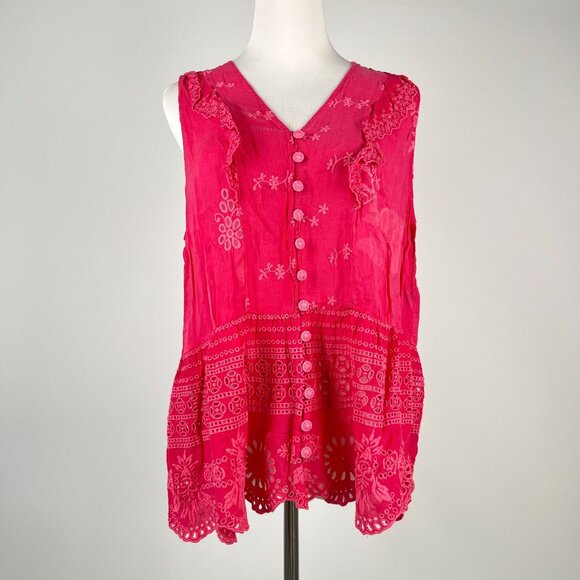 JOHNNY WAS Embroidered Floral Sleeveless Eyelet Tank Blouse Pink Sz M - Picture 2 of 12